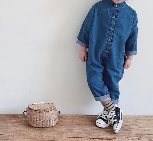 Denim Collarless Overalls
