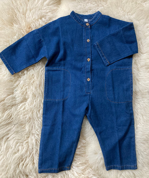 Denim Collarless Overalls