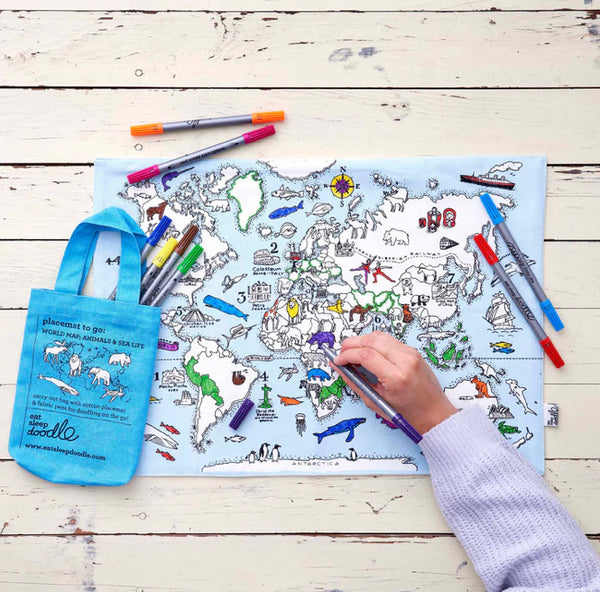 Eatsleepdoodle Colour in Placemat - Wold map: Animals & Sea life