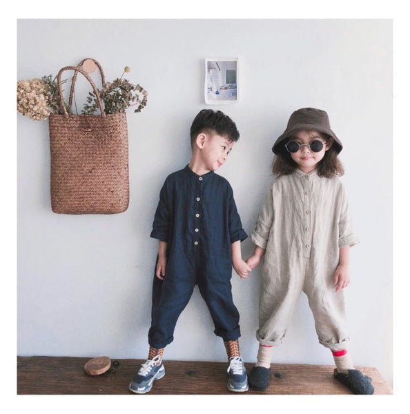 Linen Collarless Jumpsuit (Navy)