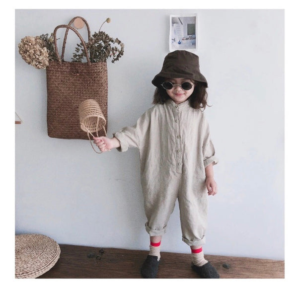 Linen Collarless Jumpsuit (Beige)